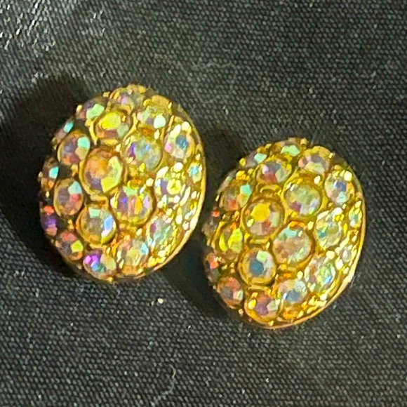 Vintage Swarovski Signed Crystal Earrings Swarovski AB Crystal Rhinestone Clips - Picture 2 of 5